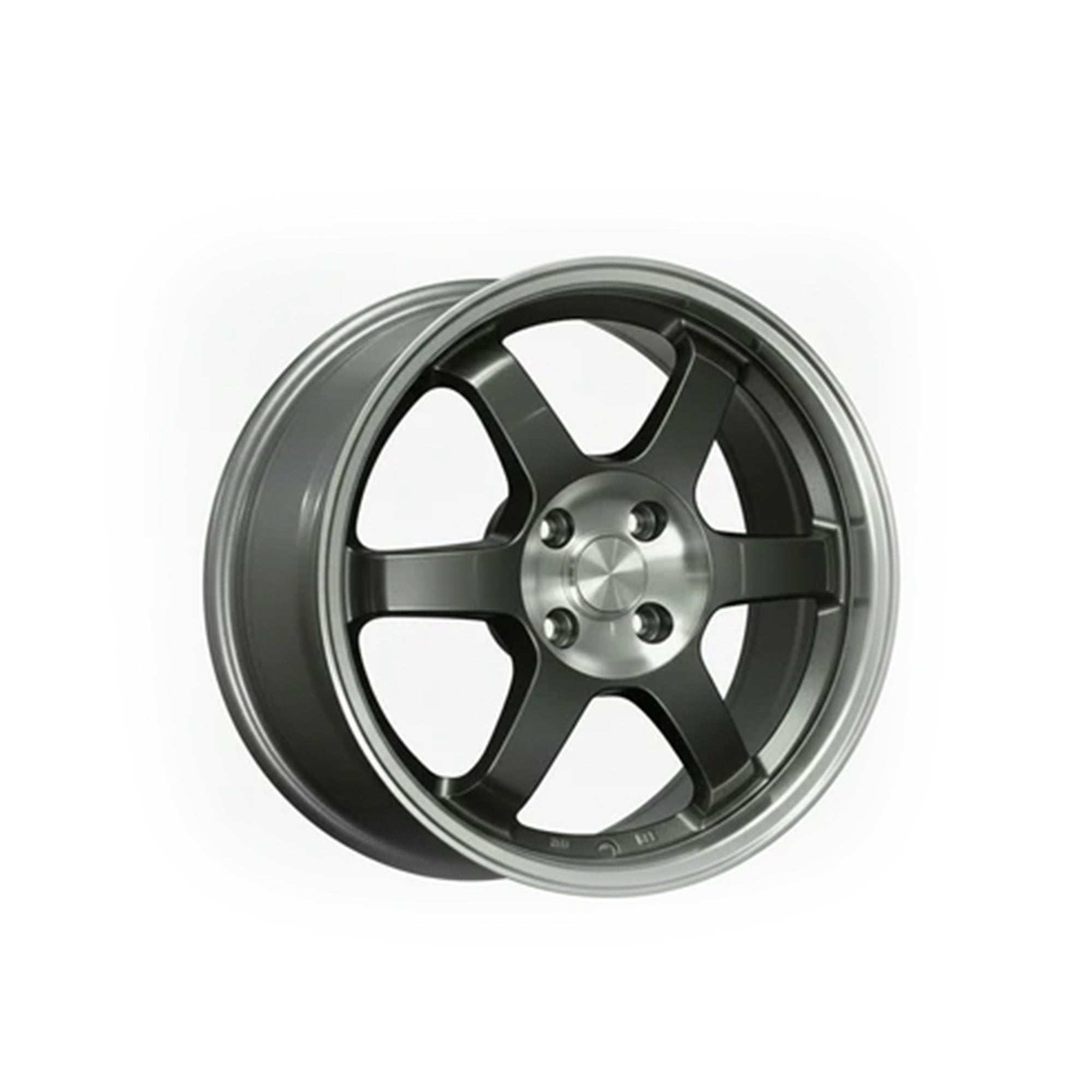 Gun gray WheelWorkCustoms WWC 509 6-spoke Motorsport Flow-Form wheel shown in a close-up view.