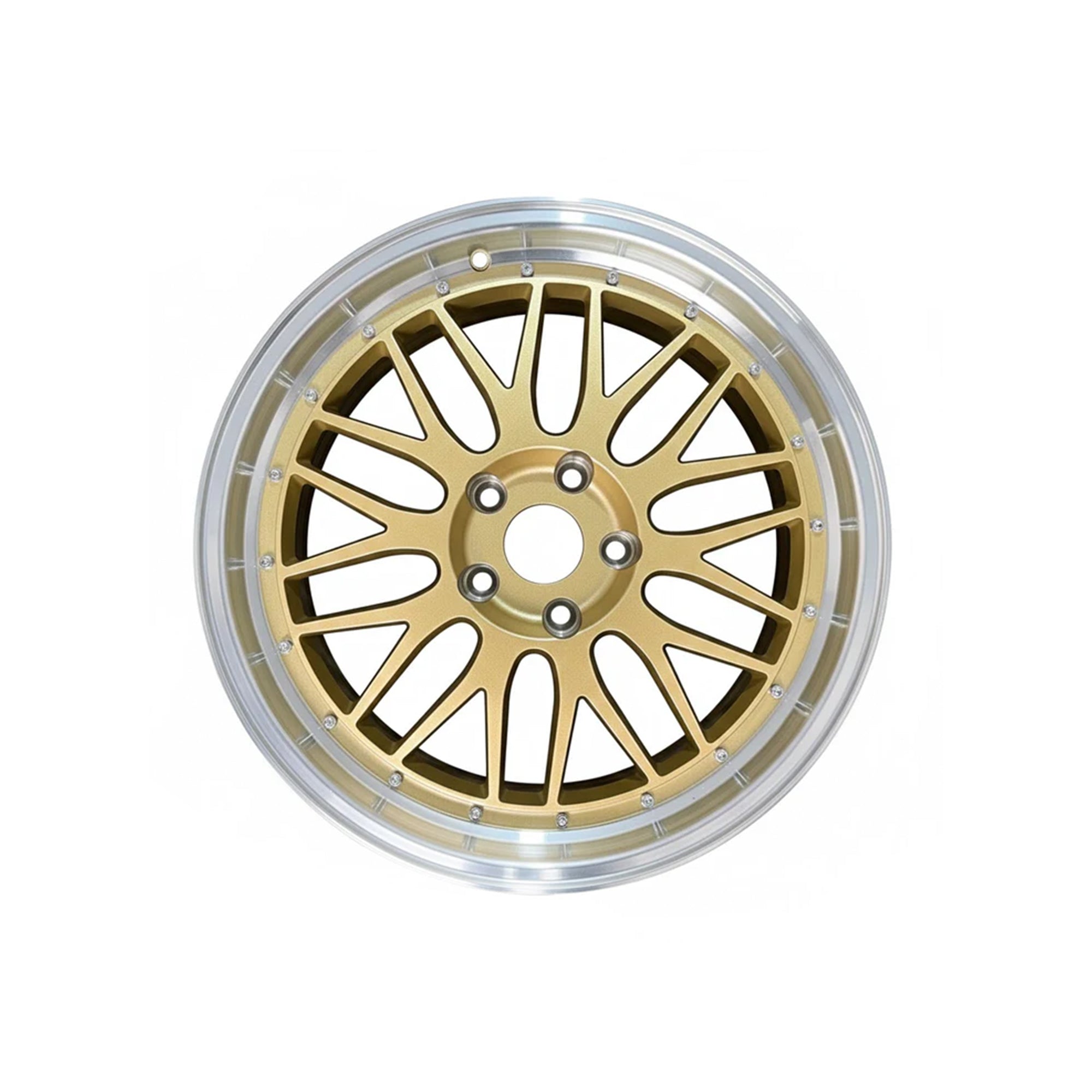 Bronze WheelWorkCustoms WWC 3S215 deep-dish split-spoke flow-form wheel with machine lip, showcasing intricate rim detail.