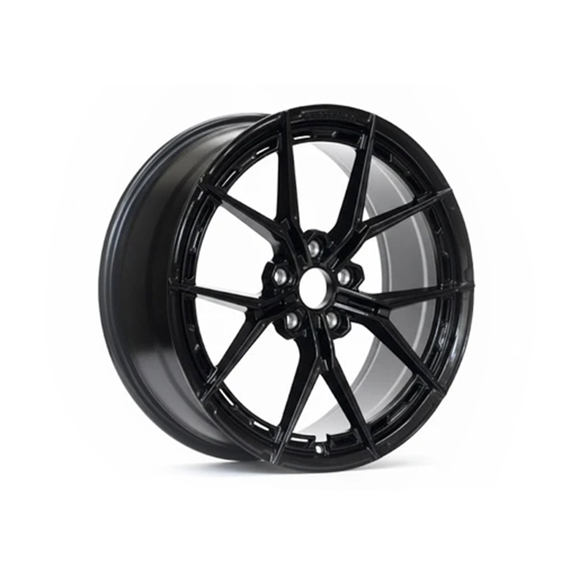 WheelWorkCustoms WWC VFX split-spoke flow-form wheel in gloss black, close-up view highlighting sleek design and finish.