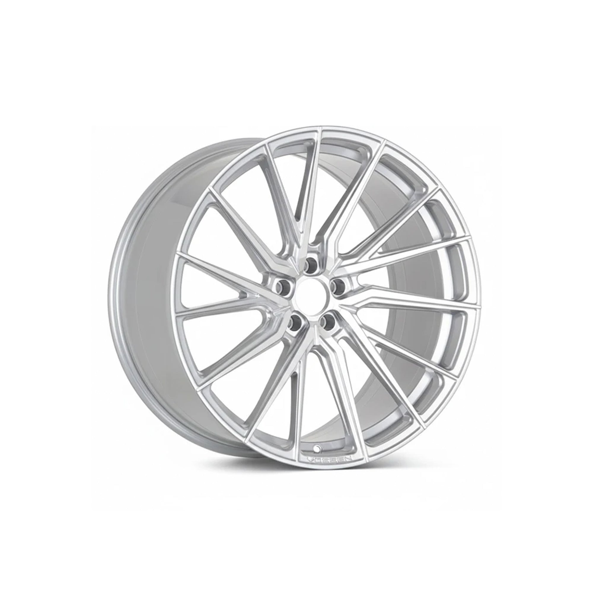Silver machined face WWC 3S055 Split-Spoke Flow-Form Wheel by WheelWorkCustoms, showing intricate spoke design and metallic finish.