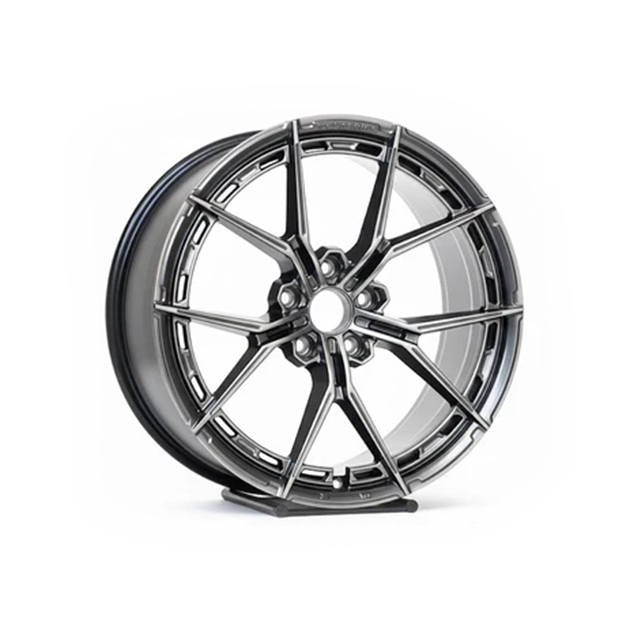 Gunmetal grey WWC VFX Split-Spoke Flow-Form Wheel by WheelWorkCustoms, featuring a modern multi-spoke design.