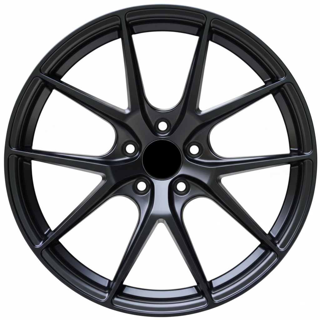 Multi-spoke GT Flow-Form Wheel by WheelWorkCustoms with a sleek, polished finish and detailed design on a car wheel.