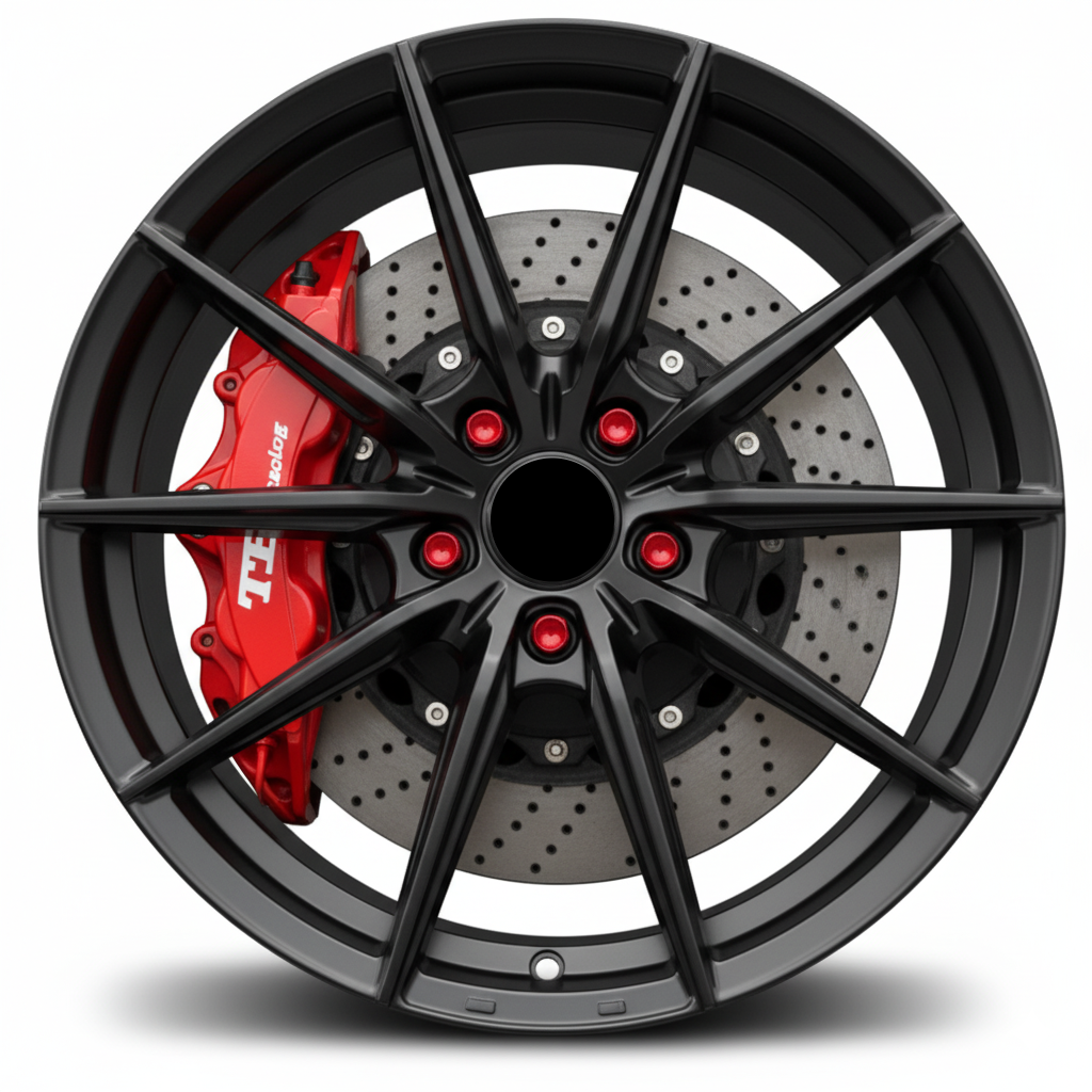 Black WWC 515 3-spoke flow-form wheel by WheelWorkCustoms, showcasing its sleek aerodynamic design and performance details.