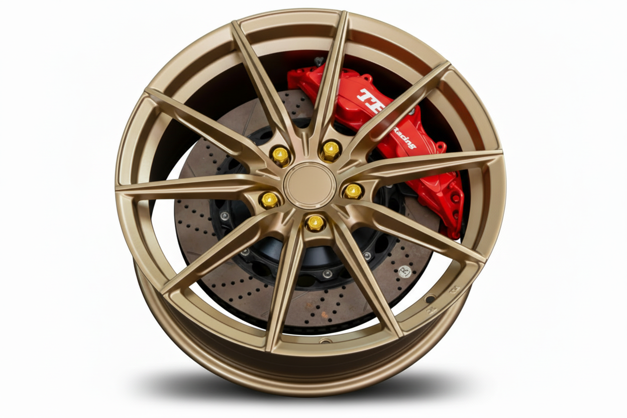 Bronze WWC 515 3-spoke performance flow-form wheel by WheelWorkCustoms, showcasing its sleek design and metallic finish.