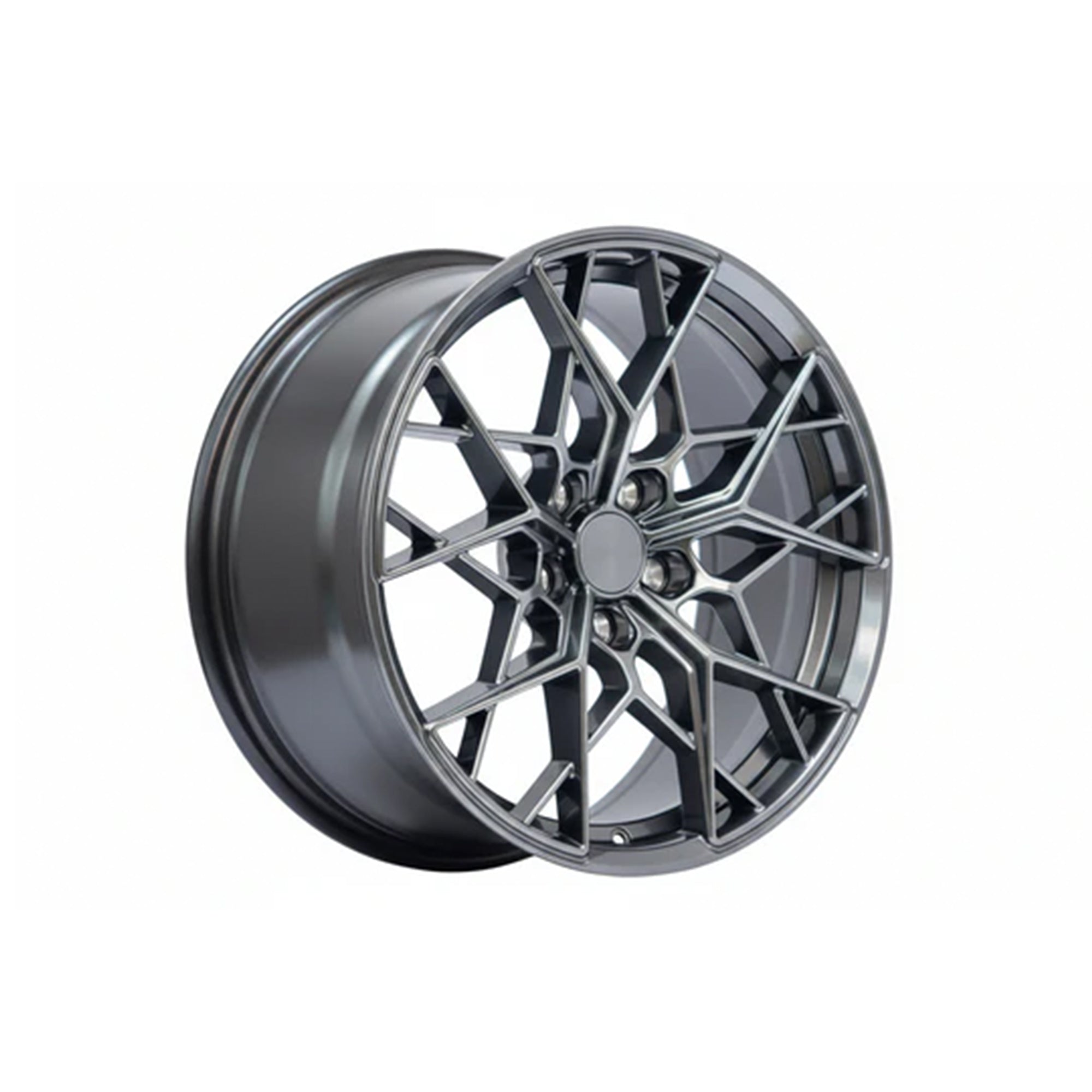 Hyper black WWC FF10 multi-spoke flow-form wheel by WheelWorkCustoms, shown from the front with a detailed view of spoke design.