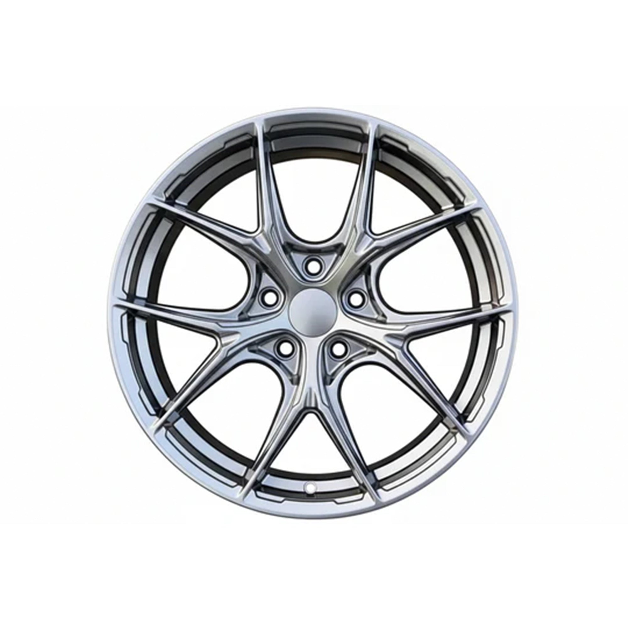 WheelWork Customs WWC P-Series multi-spoke flow-form wheel in gun metal grey, showcasing its sleek design and finish.
