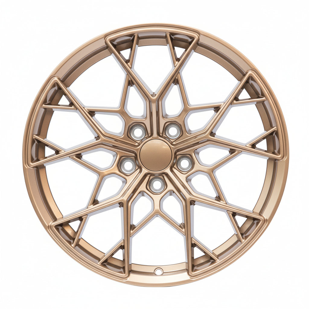 Multi-spoke flow-form wheel in matte bronze by WheelWorkCustoms, showcasing the design and finish of the WWC FF10 wheel.
