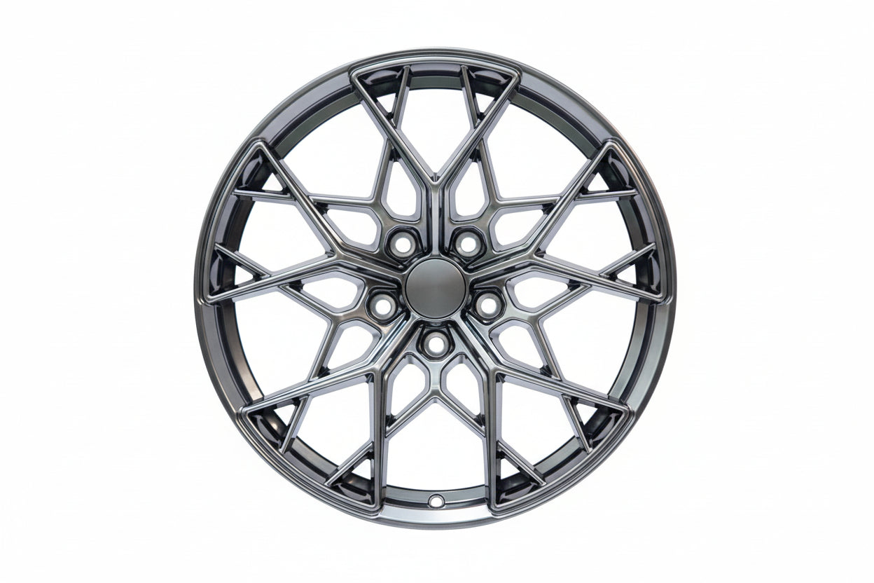 Hyper black WWC FF10 multi-spoke flow-form wheel by WheelWorkCustoms, featuring a sleek, modern design with intricate spoke details.