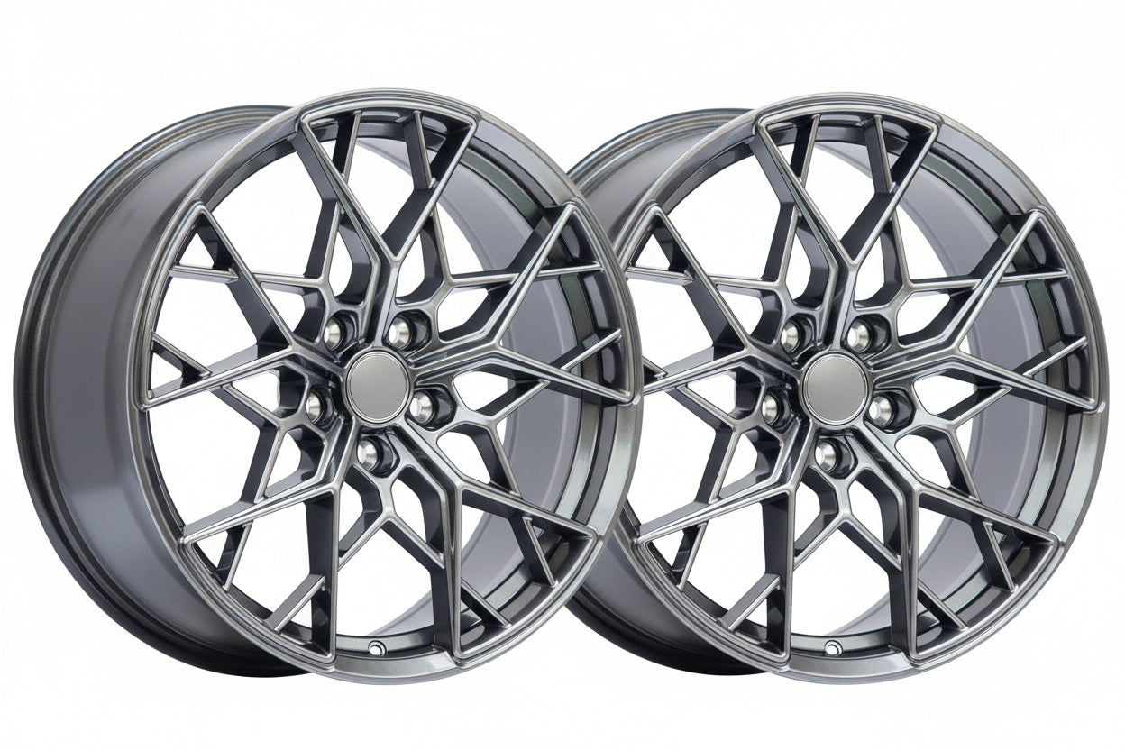 WheelWorkCustoms WWC FF10 multi-spoke flow-form wheel in hyper black finish, showcasing sleek, modern design and detailed spoke pattern.