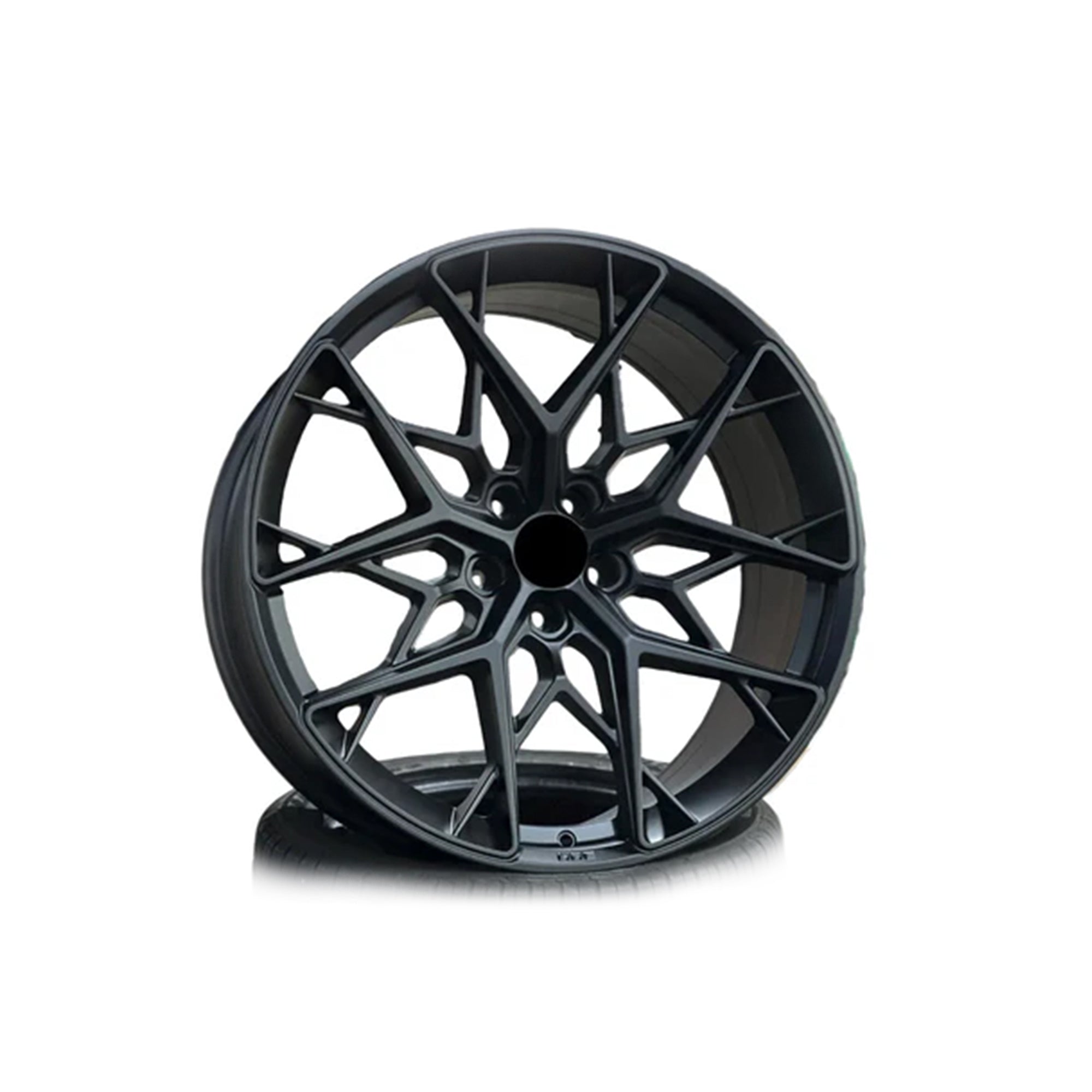 Black WWC FF10 multi-spoke flow-form wheel by WheelWorkCustoms, showing its sleek design and detailed spoke pattern.