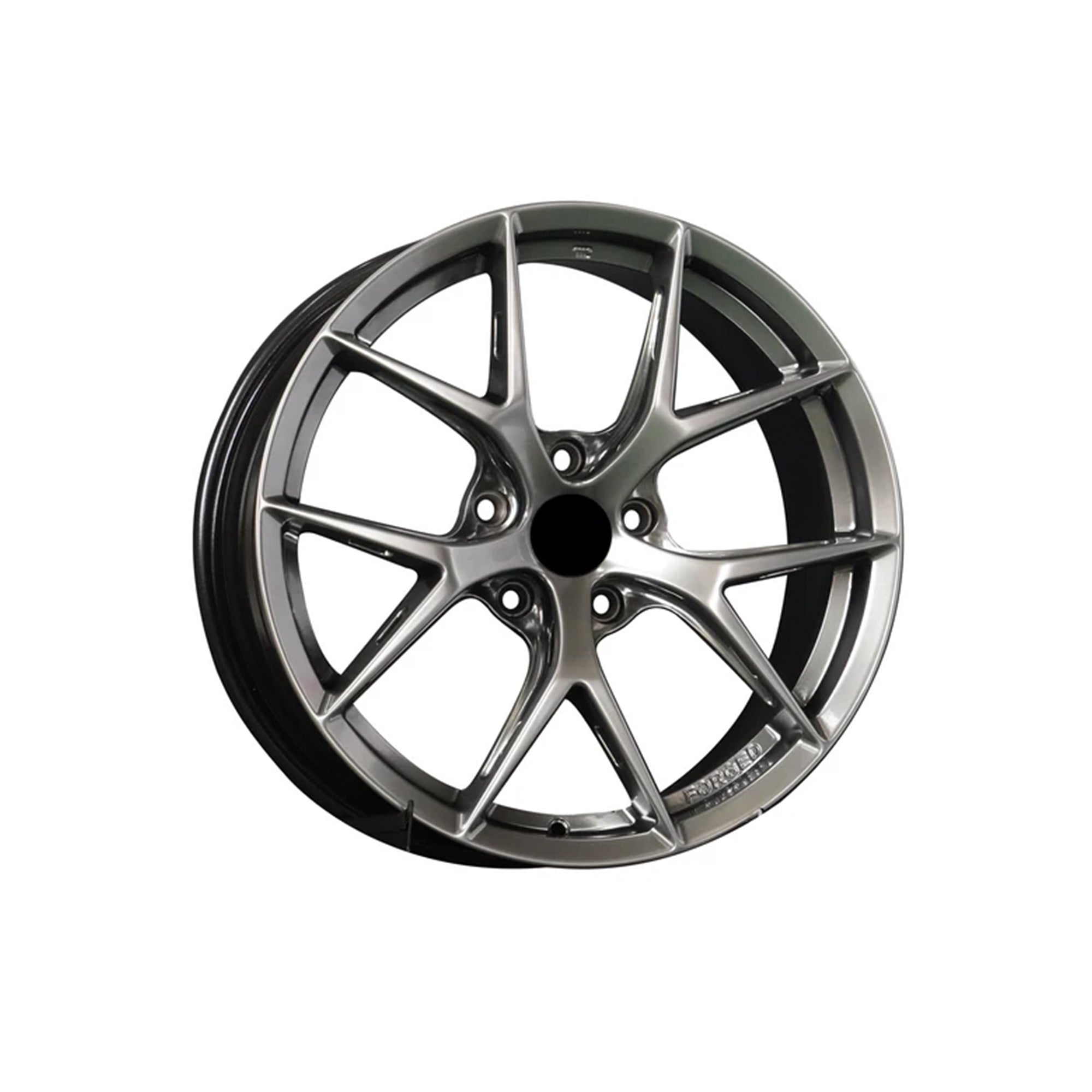 Deep-dish Flow-Form Wheel in Hyper Black by WheelWorkCustoms, featuring a sleek metallic finish and intricate spoke design.