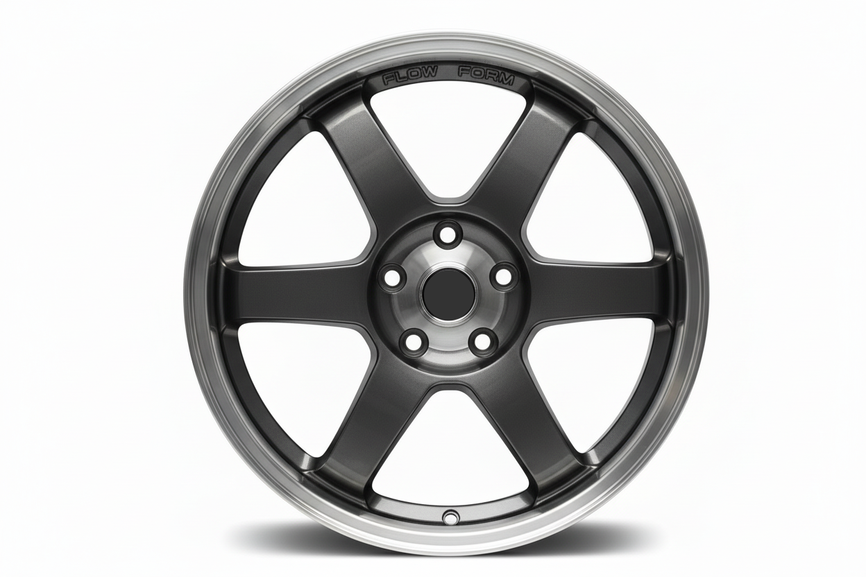 Gun Gray WheelWorkCustoms WWC 509 6-spoke Motorsport Flow-Form wheel with machined accents on a car rim.