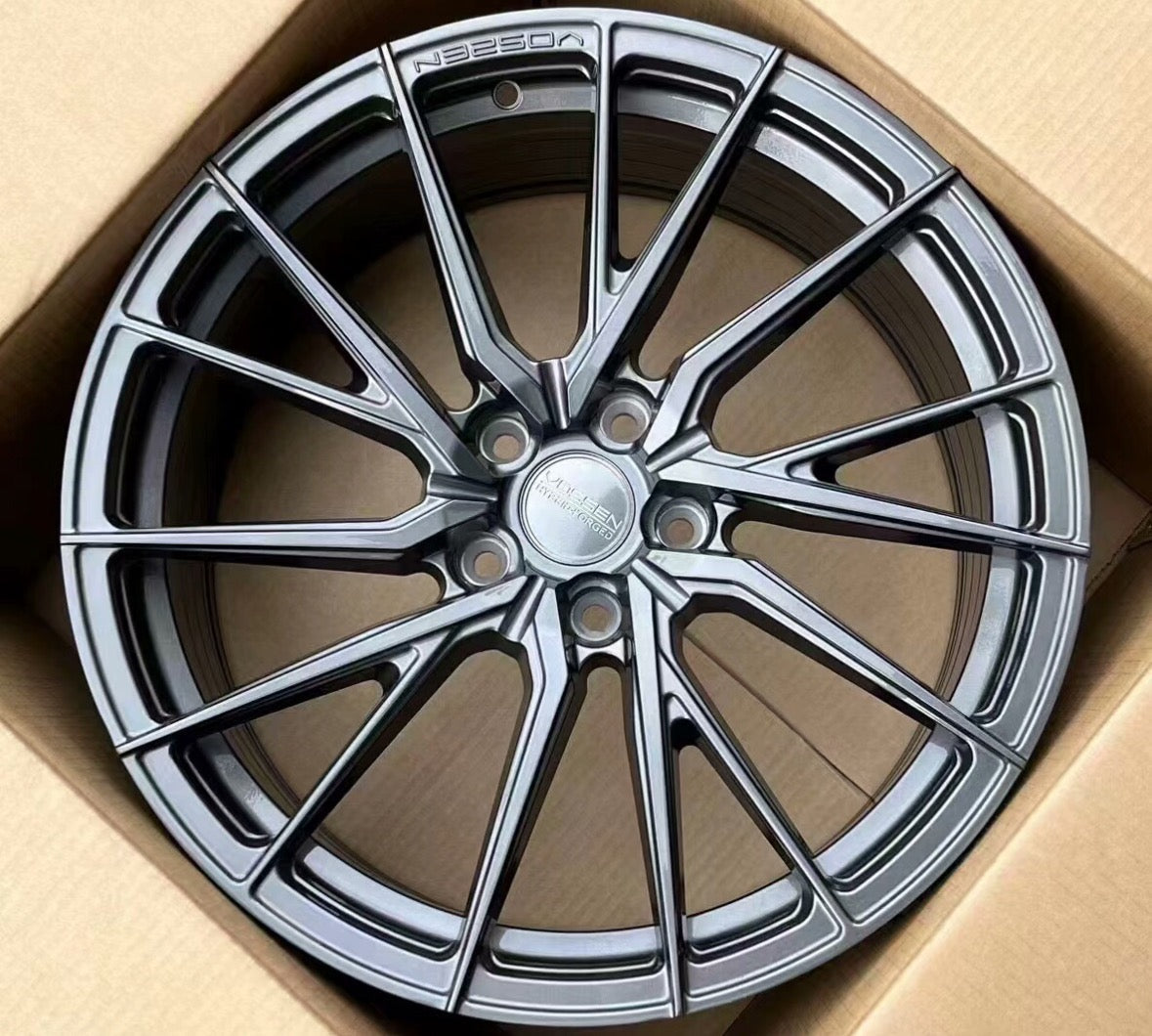 Black WWC 3S055 Split-Spoke Flow-Form Wheel by WheelWorkCustoms, showcasing the sleek design and detailed spoke pattern.