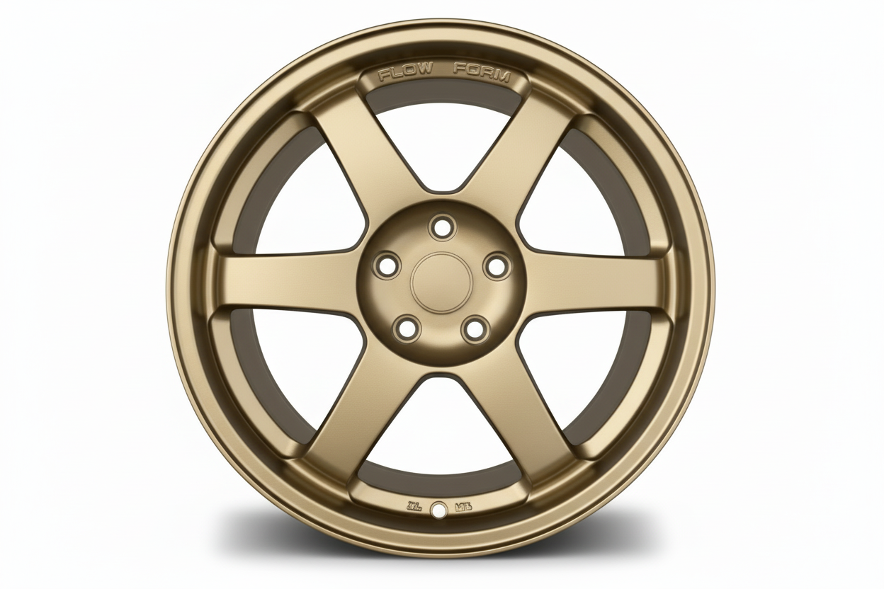 WWC 509 6-spoke Motorsport Flow-Form wheel in matte bronze by WheelWorkCustoms, shown with a close-up of the wheel's design.