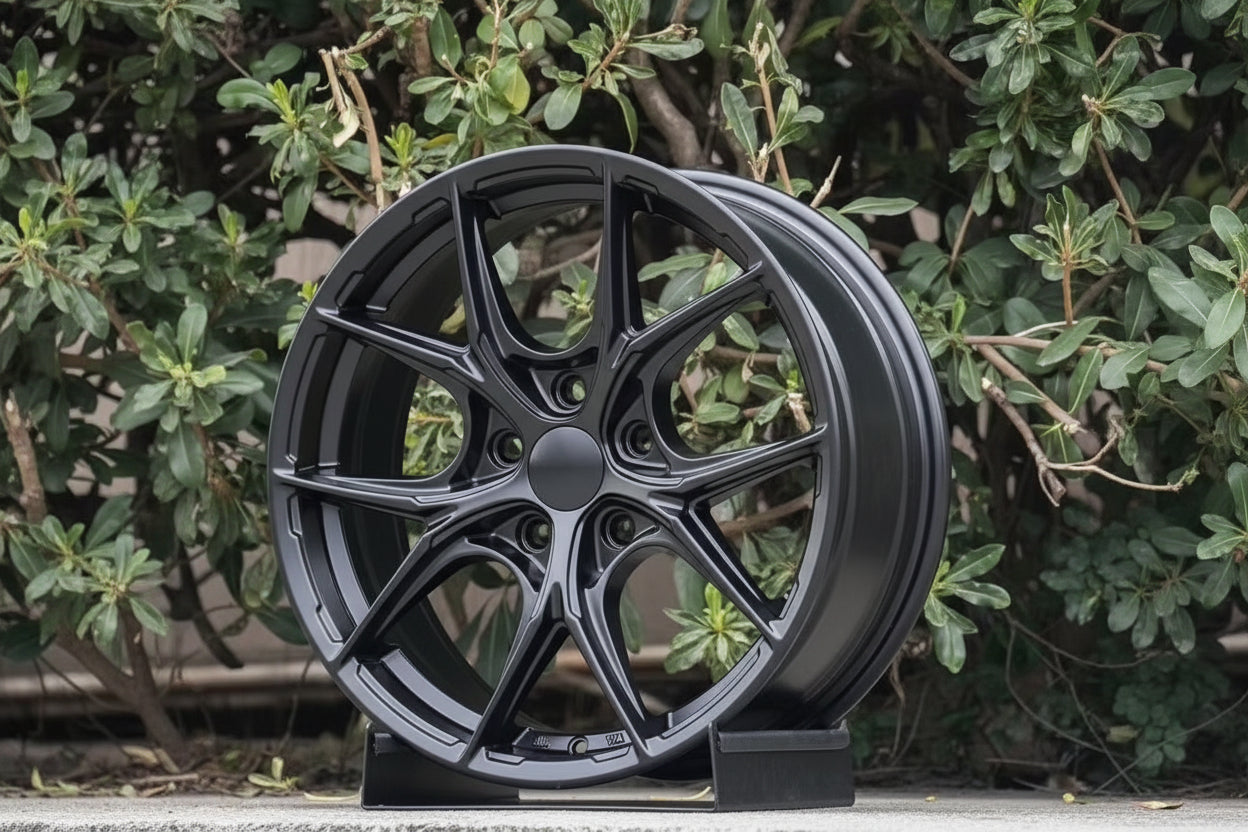 Black WWC P-Series Multi-Spoke Flow-Form Wheel by WheelWork Customs, showing sleek multi-spoke design and glossy finish.