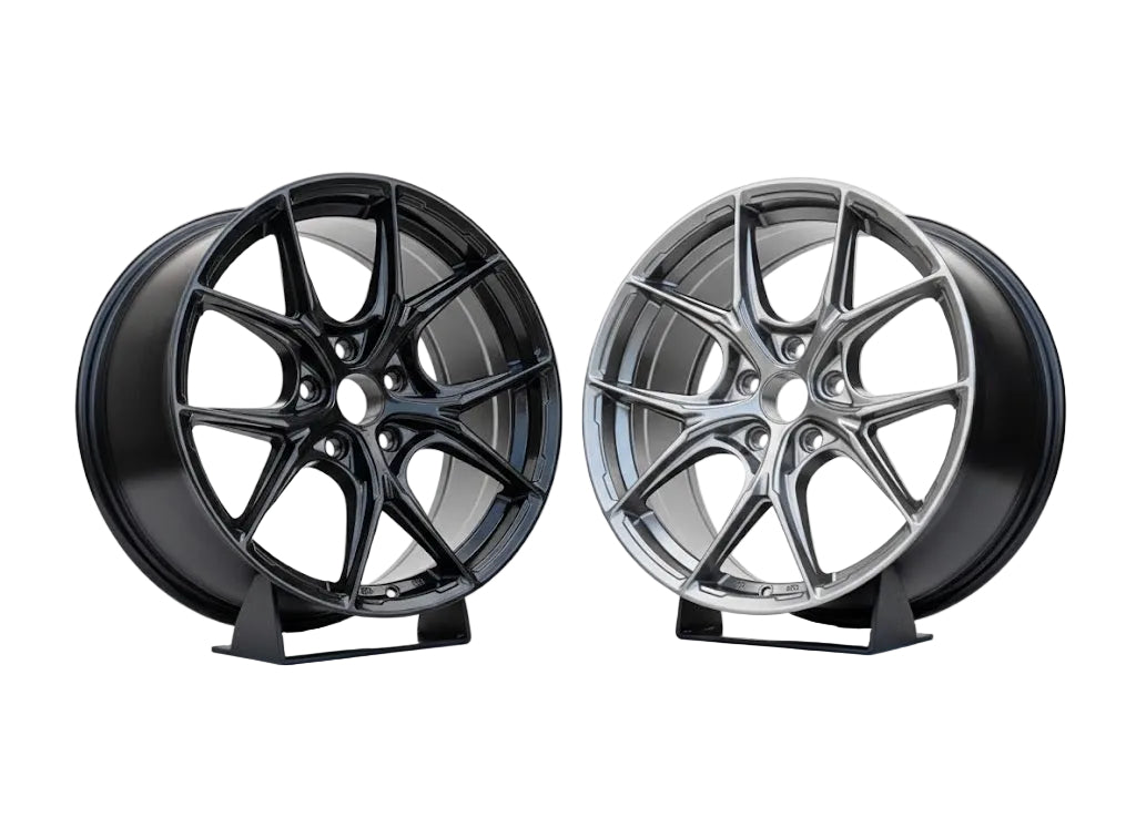 WheelWork Customs WWC P-Series multi-spoke flow-form wheel in gun metal grey, showcasing its sleek design and finish.