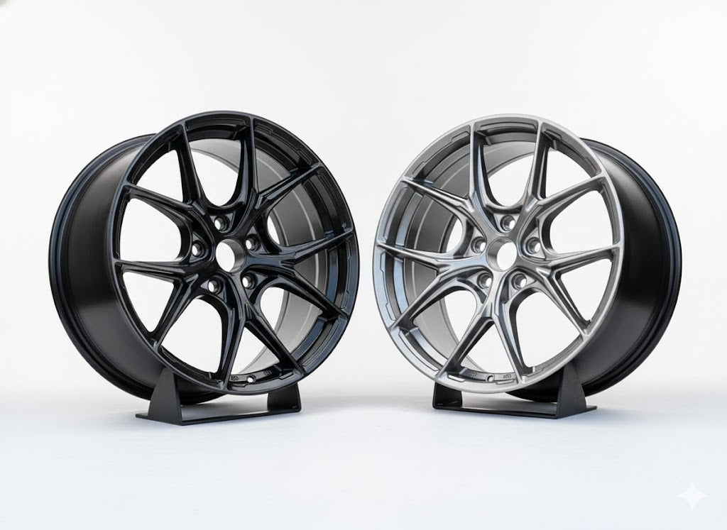 Black WheelWork Customs WWC P-Series multi-spoke flow-form wheel with a sleek, modern design, viewed from a slight angle.