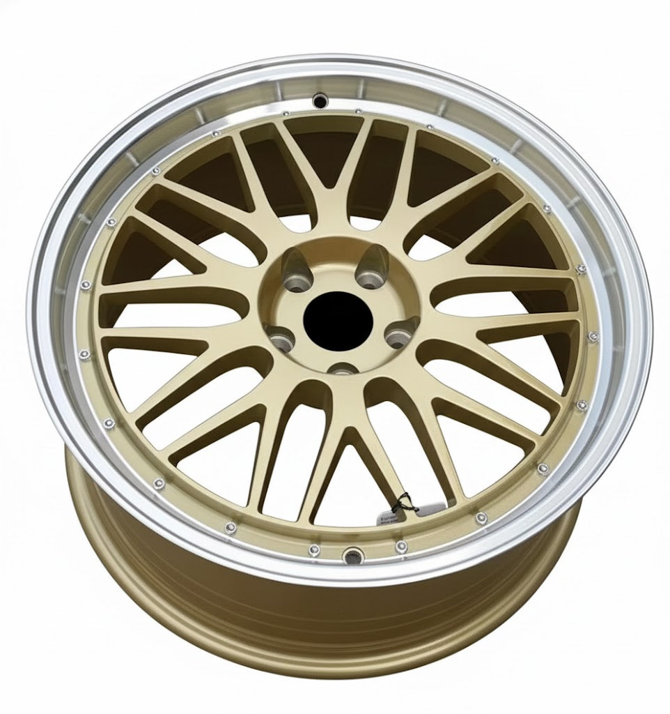 WheelWorkCustoms WWC 3S215 deep-dish split-spoke flow-form bronze wheel with machine lip, showcasing intricate design and finish.