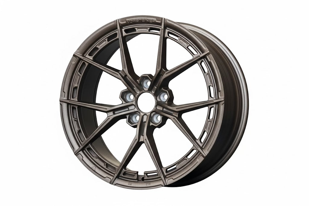 Bronze WheelWorkCustoms WWC VFX split-spoke flow-form wheel for cars, showcasing sleek design and matte finish.